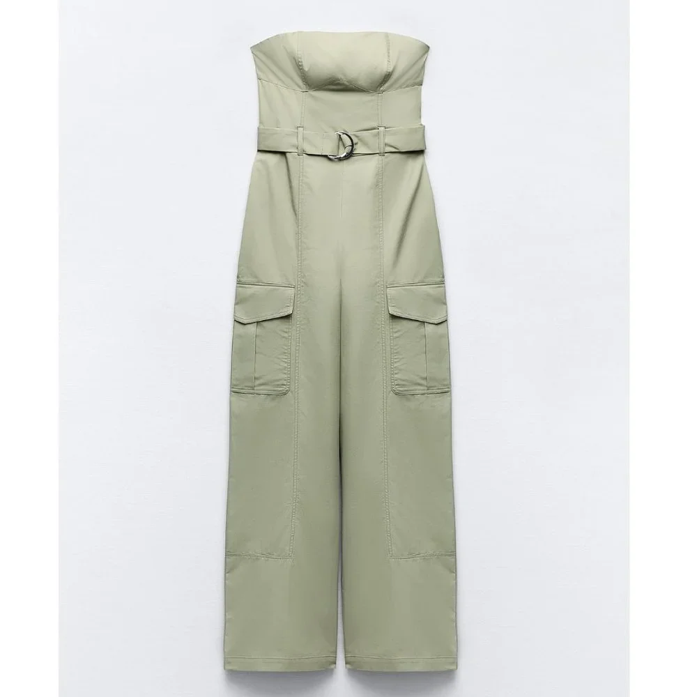 BLOGGER'S FAVE! Zara Wide Strapless Leg Jumpsuit Light Khaki NWT